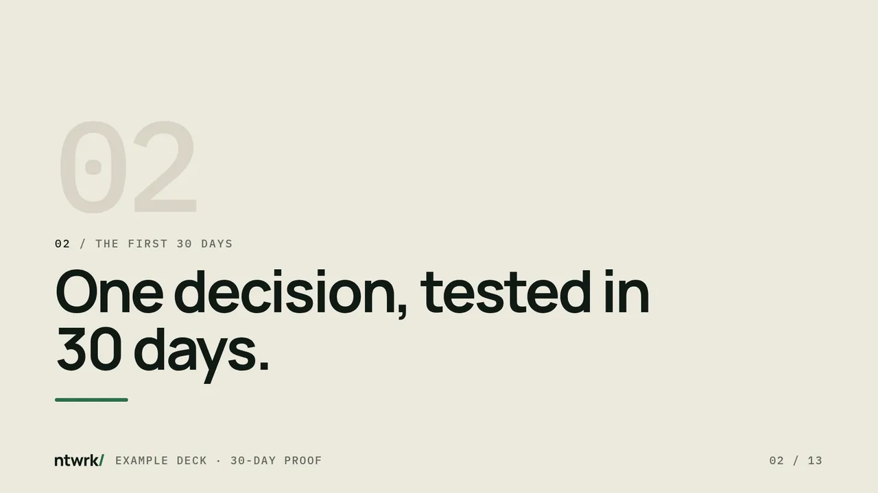 Section divider: large 02, The first 30 days, One decision, tested in 30 days.