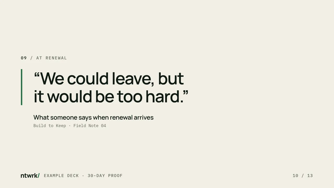 Quote slide: We could leave, but it would be too hard. Build to Keep, Field Note 04.