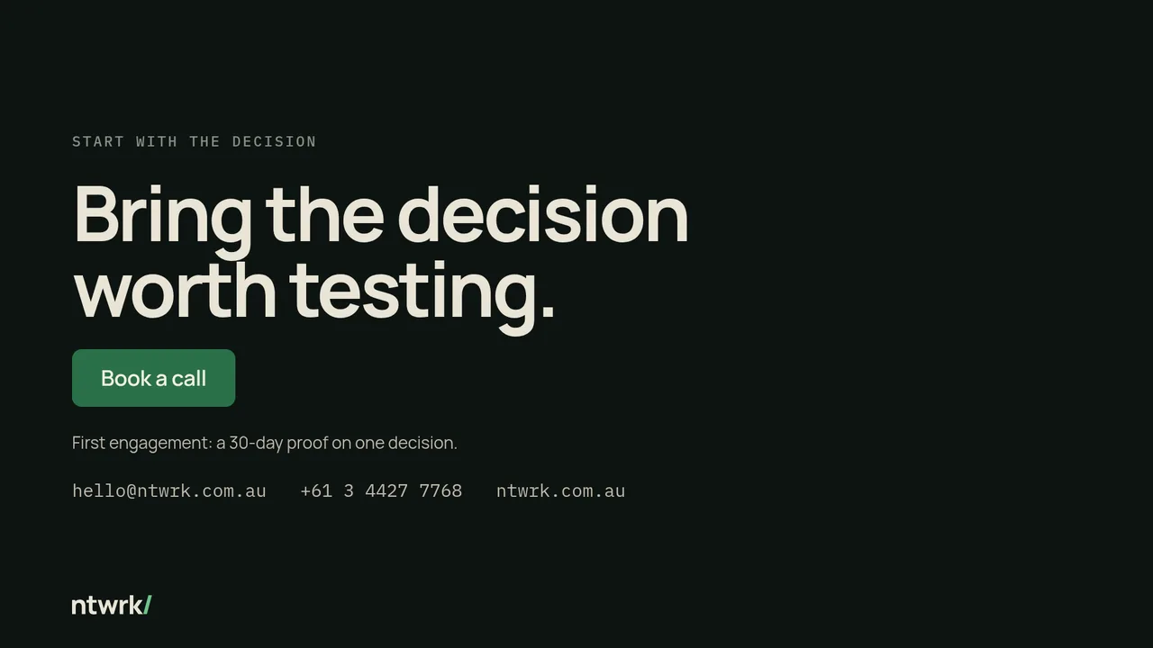 Close slide on ink: Start with the decision, Bring the decision worth testing, Book a call button, contact details.